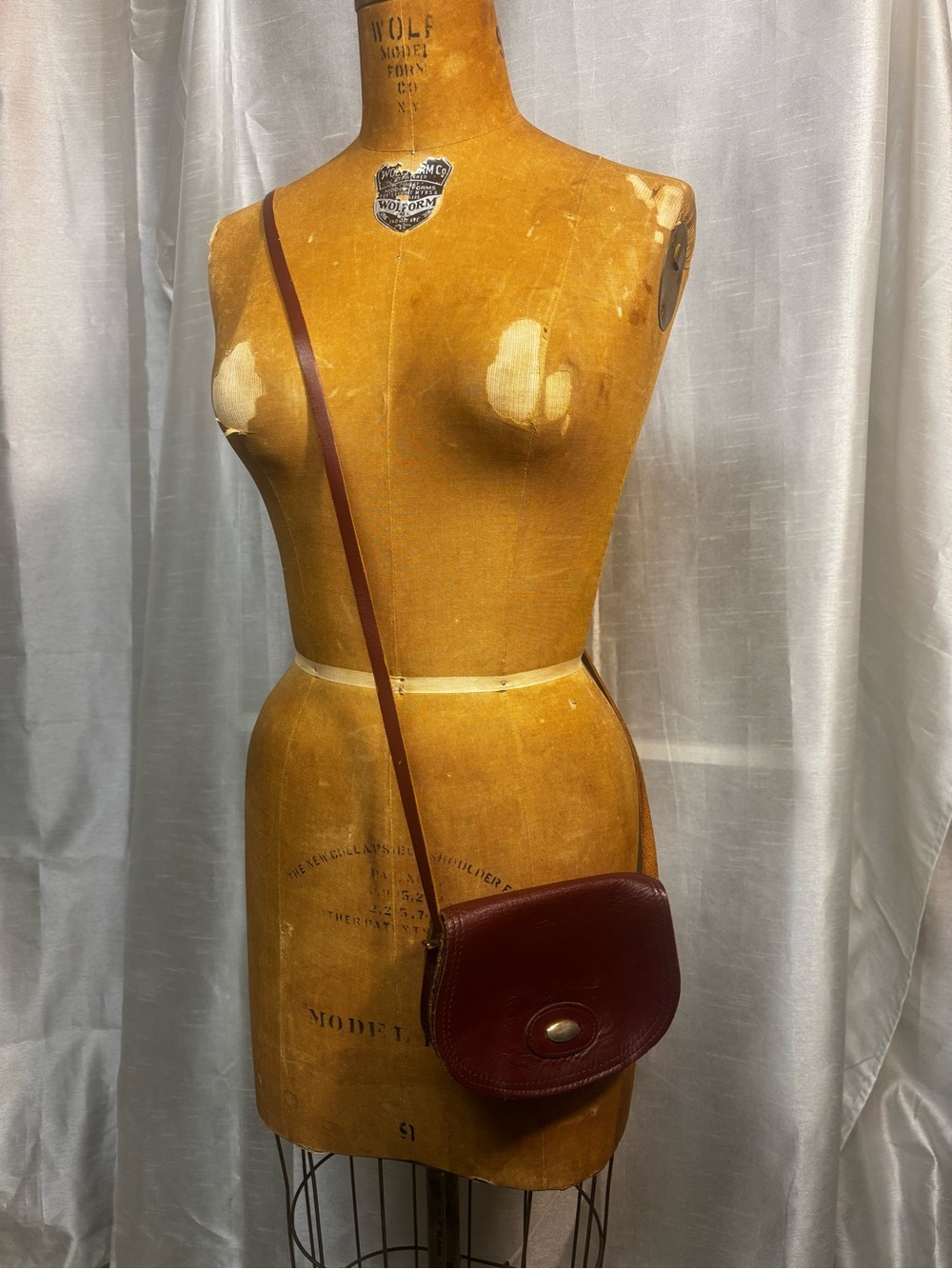 Vintage Burgundy Leather Crossbody Bag 60s 70s Oxblood Boho Saddle Brass